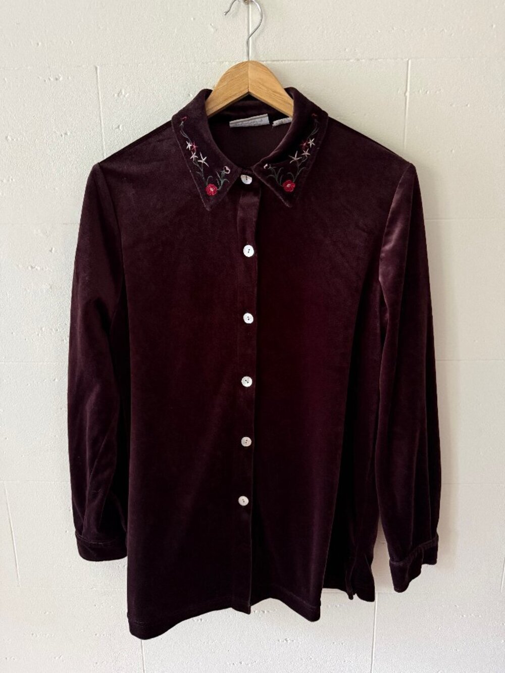 Vintage | Brown Velour Button Down Shirt | Floral Embroidery Cottagecore Medium